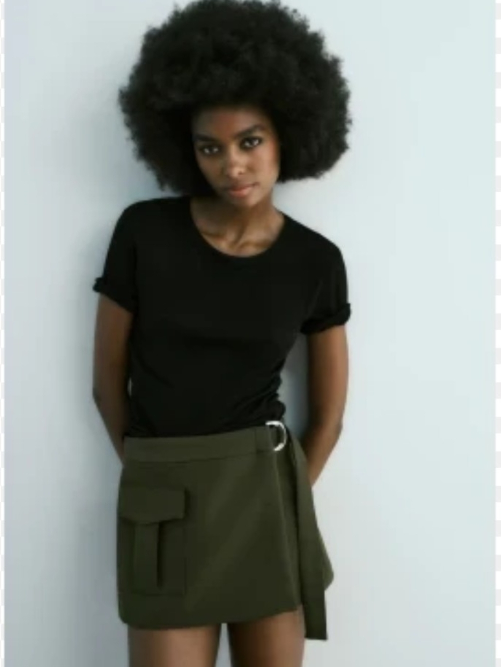 Zara Black Crewneck Tee with Olive Green Wrap Skirt